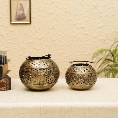 Craftpreneurs India Brown Brass Finish Table Tea Light Holder Set of 2